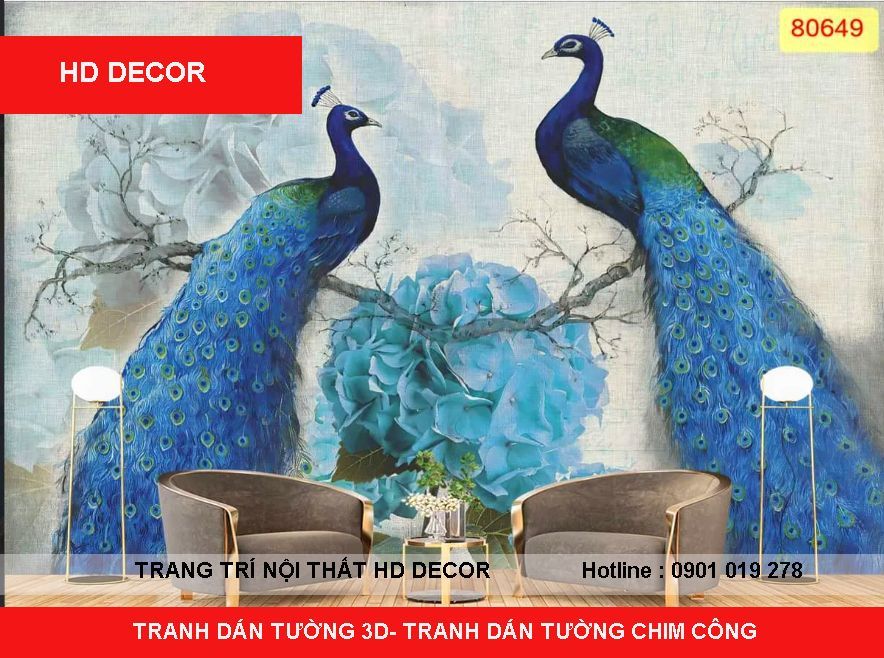 tranh dán tường 3D chim công cho phòng khách 