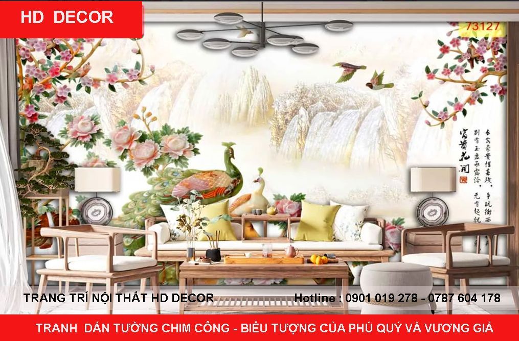 tranh dán tường chim công phòng khách