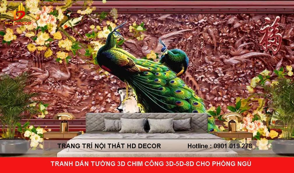 tranh dán tường chim công phòng khách