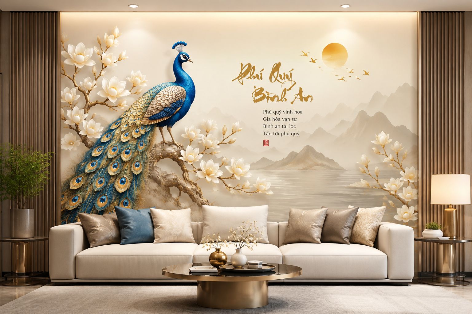 tranh dán tường chim công phòng khách 