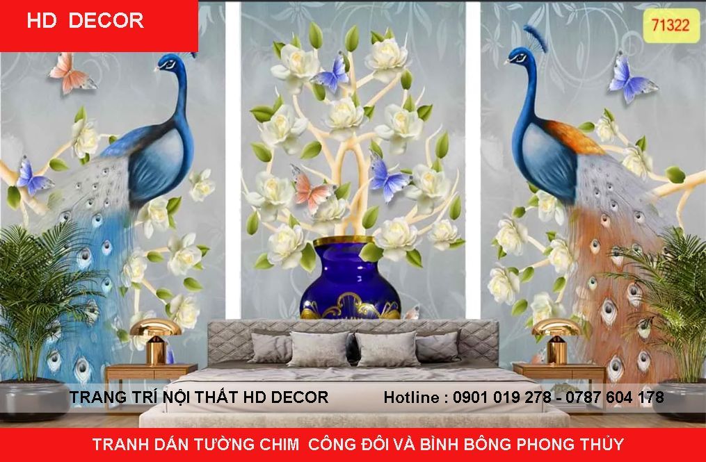 tranh dán tường chim công phong thủy cho phòng khách