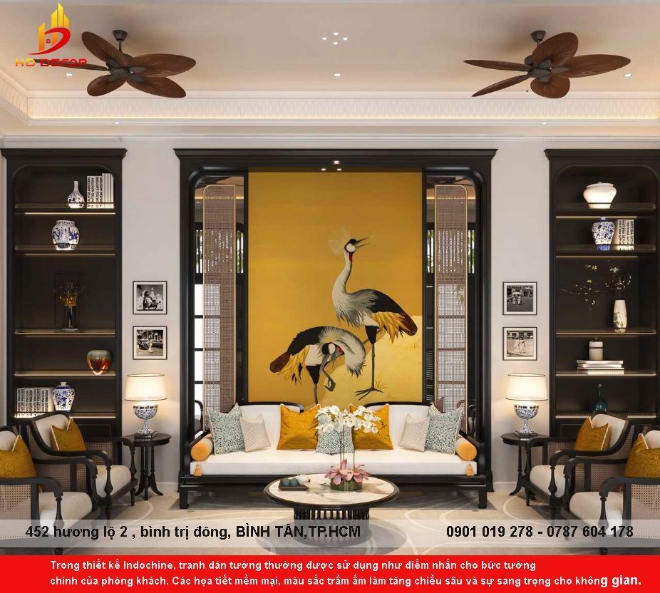 tranh dán tường chim hạc phong cách indochine