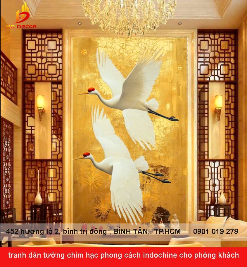 tranh dán tường chim hạc cho phòng khách 