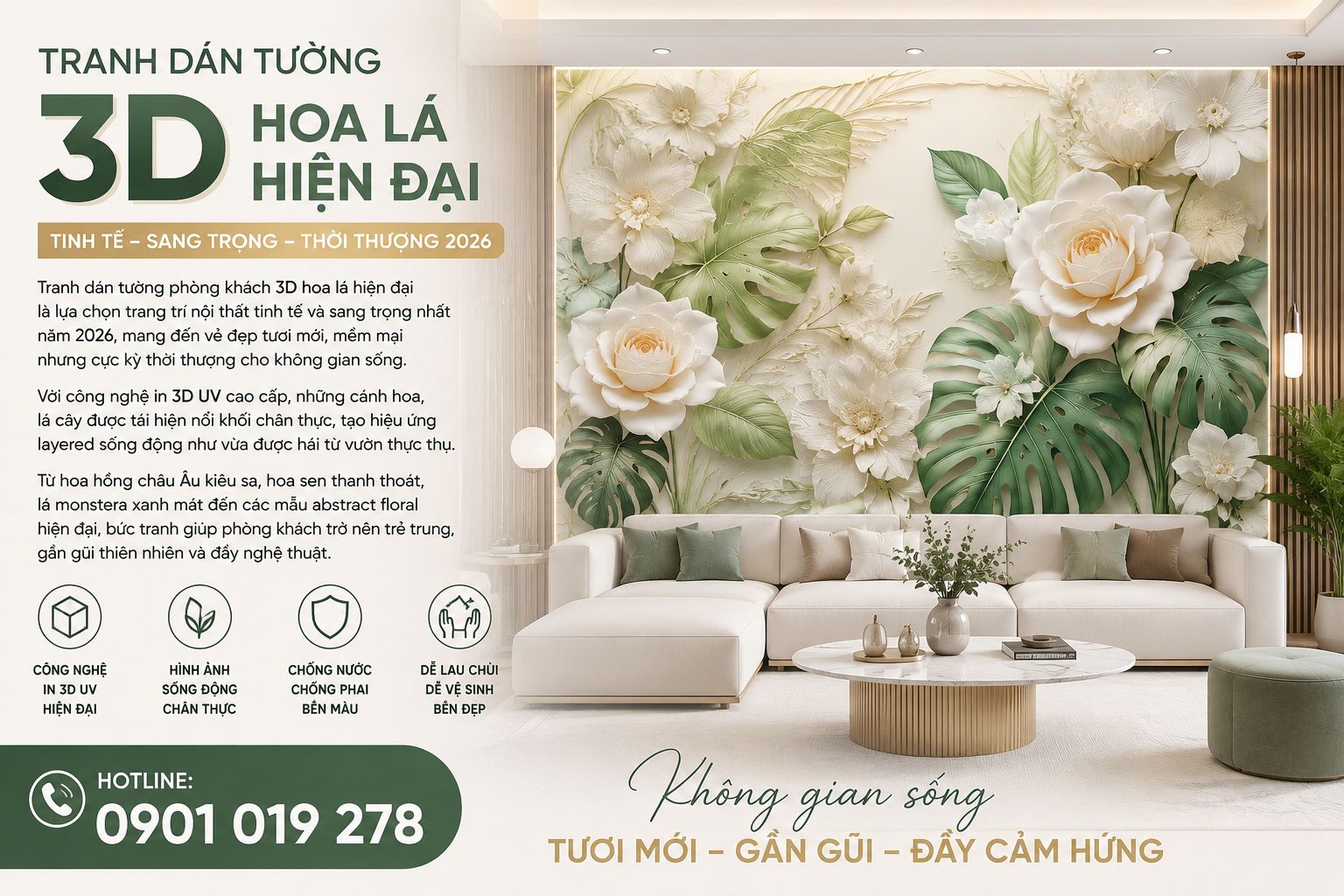 tranh dán tường 3D hoa lá hiện đại 