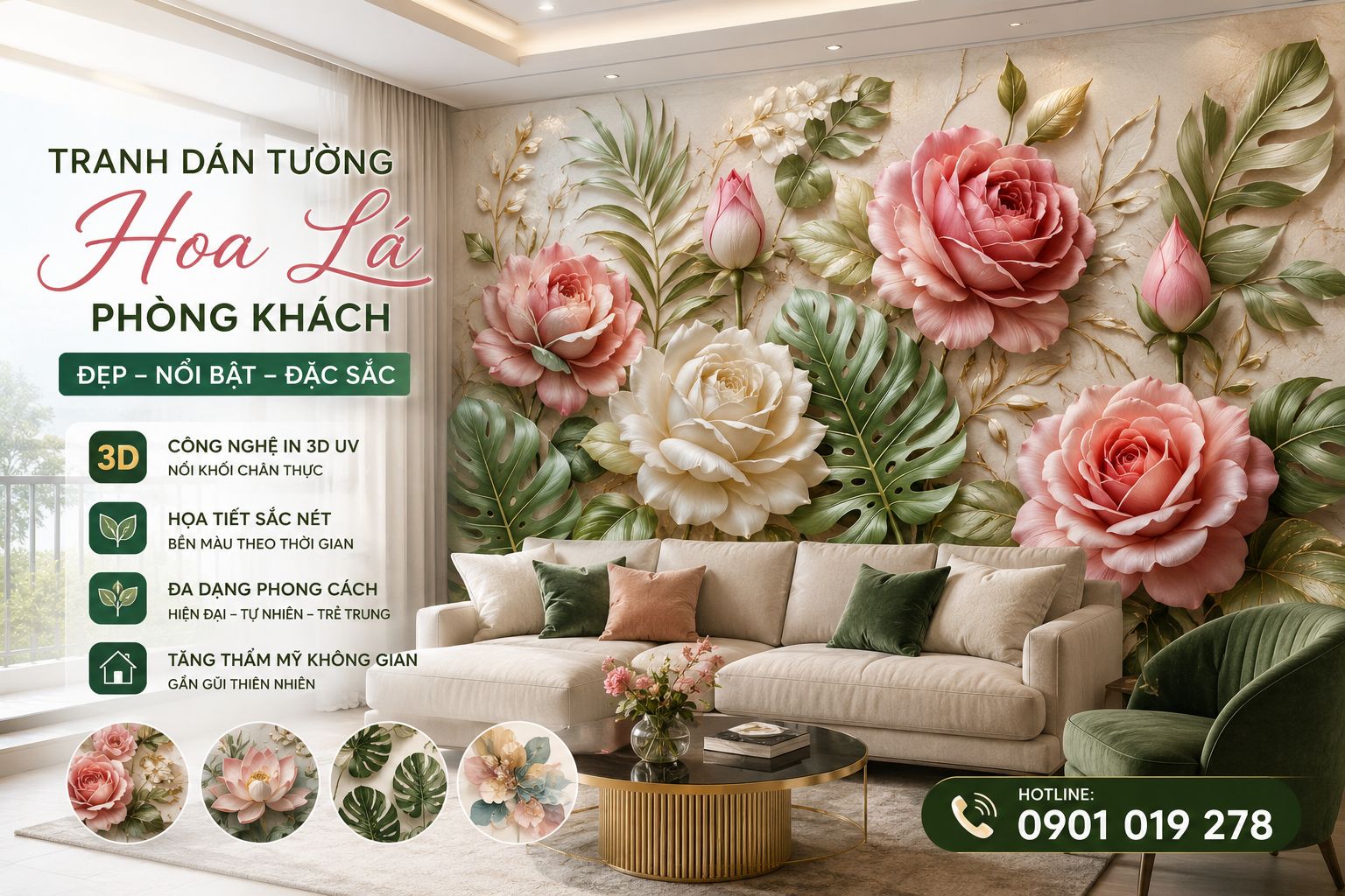 tranh dán tường hoa lá phòng khách 