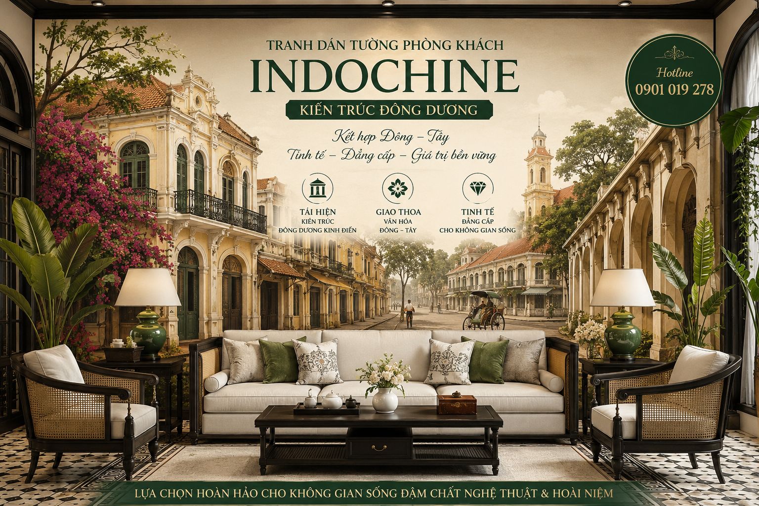 tranh dán tường indochine phòng khách đông dương 