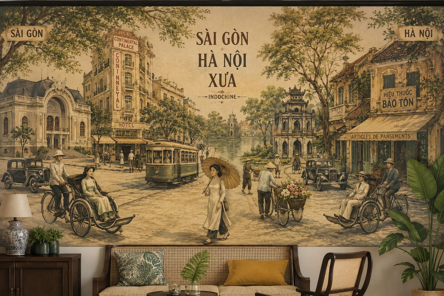 tranh dán tường indochine phòng khách 