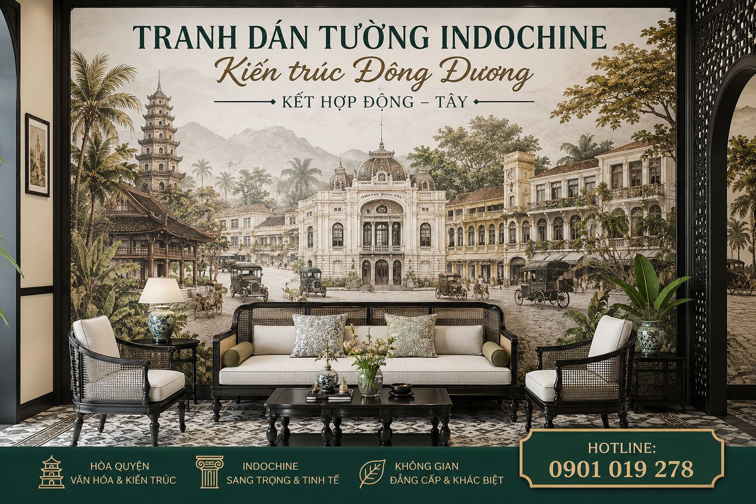 tranh dán tường indochine phòng khách 