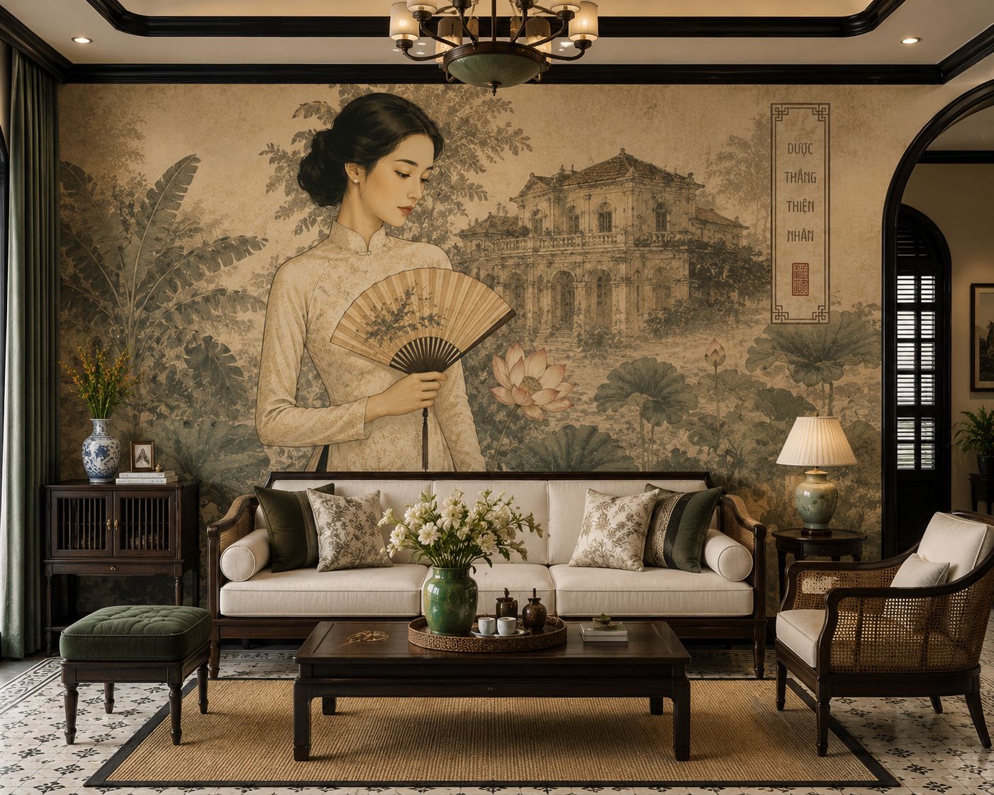 tranh dán tường phòng khách indochine 