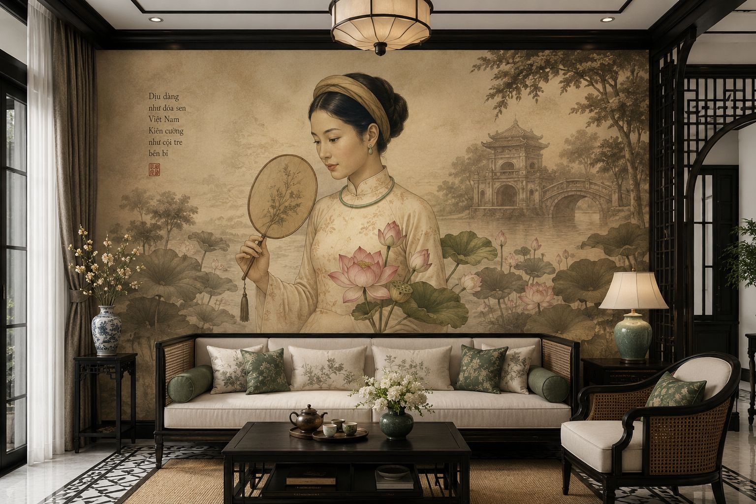tranh dán tường indochine phòng khách 