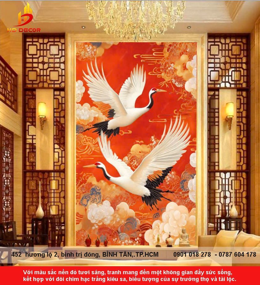 tranh dán tường chim hạc phong cách đông dương