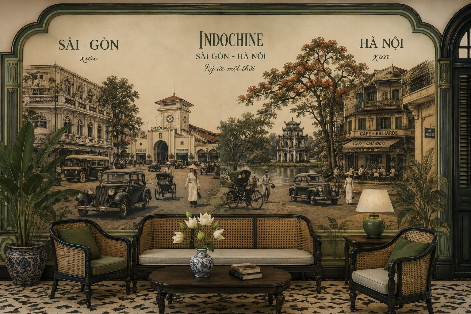 tranh dán tường indochine phòng khách 
