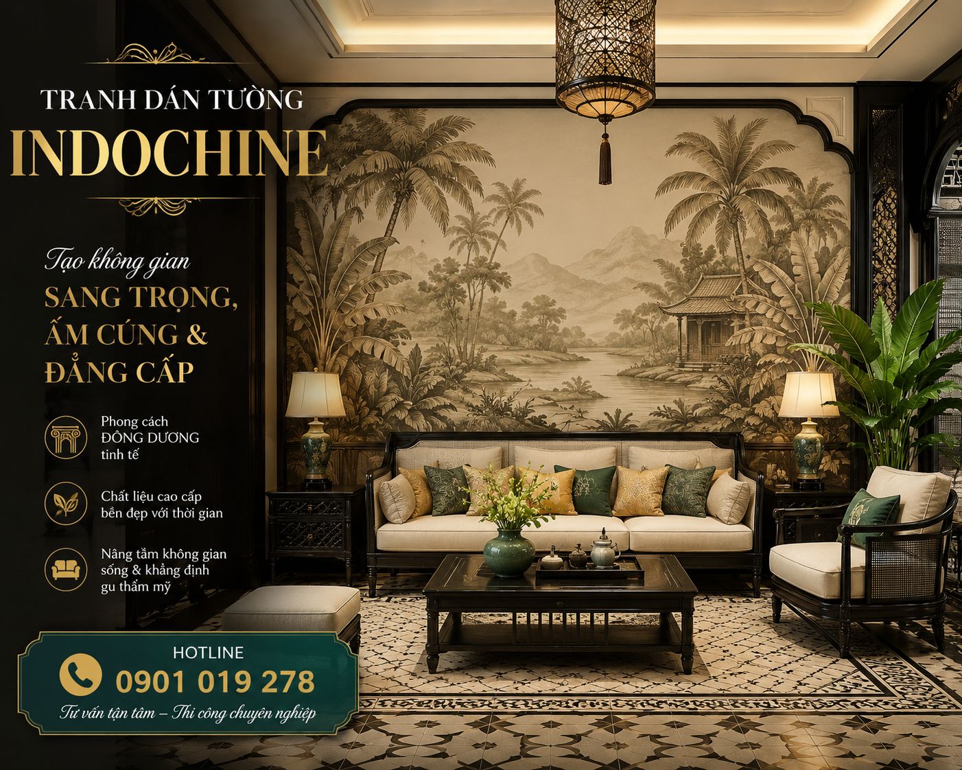tranh dán tường phòng khách indochine sang trọng đẳng cấp 