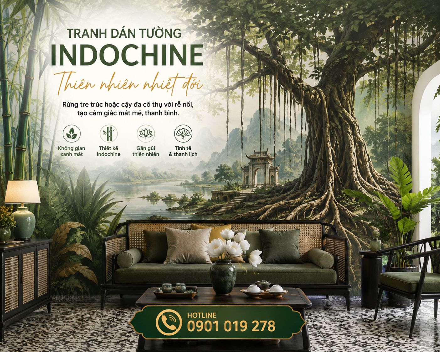 tranh dán tường indochine phòng khách 