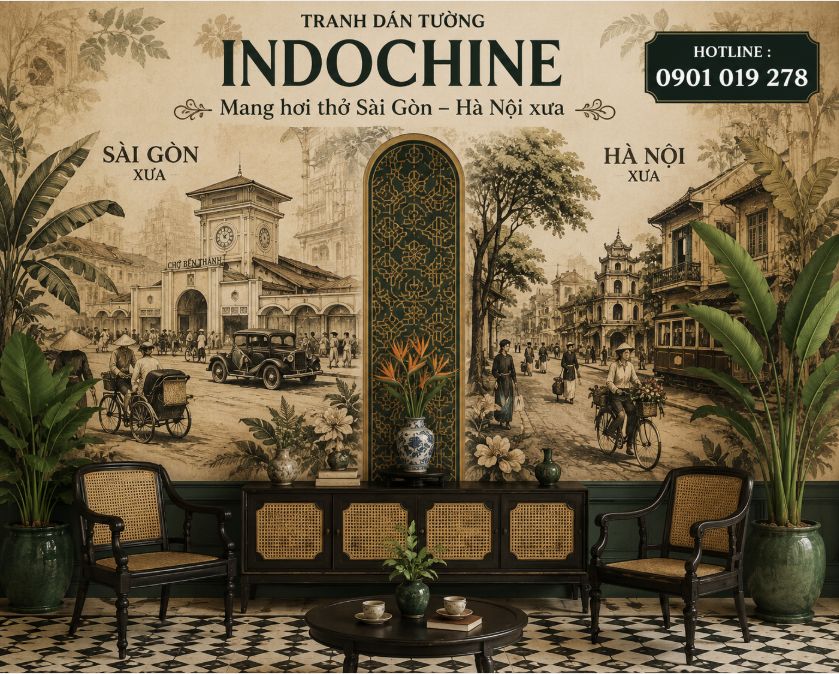 tranh dán tường indochine phòng khách 