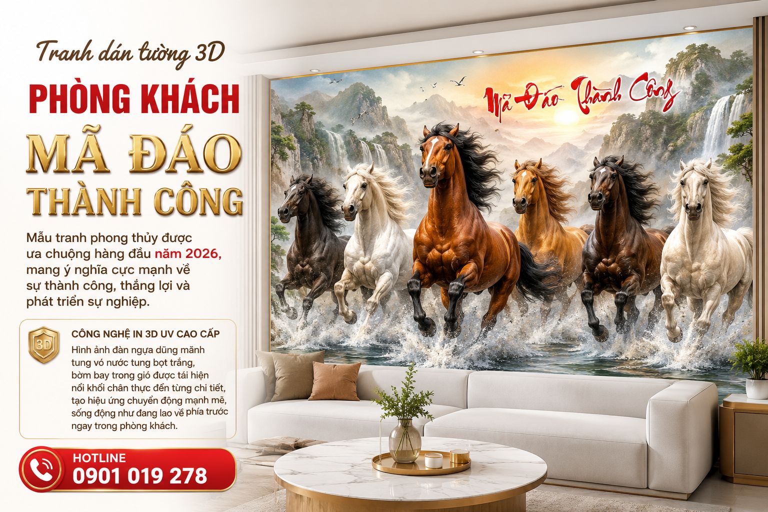 tranh dán tường 3D mã đáo thành công 