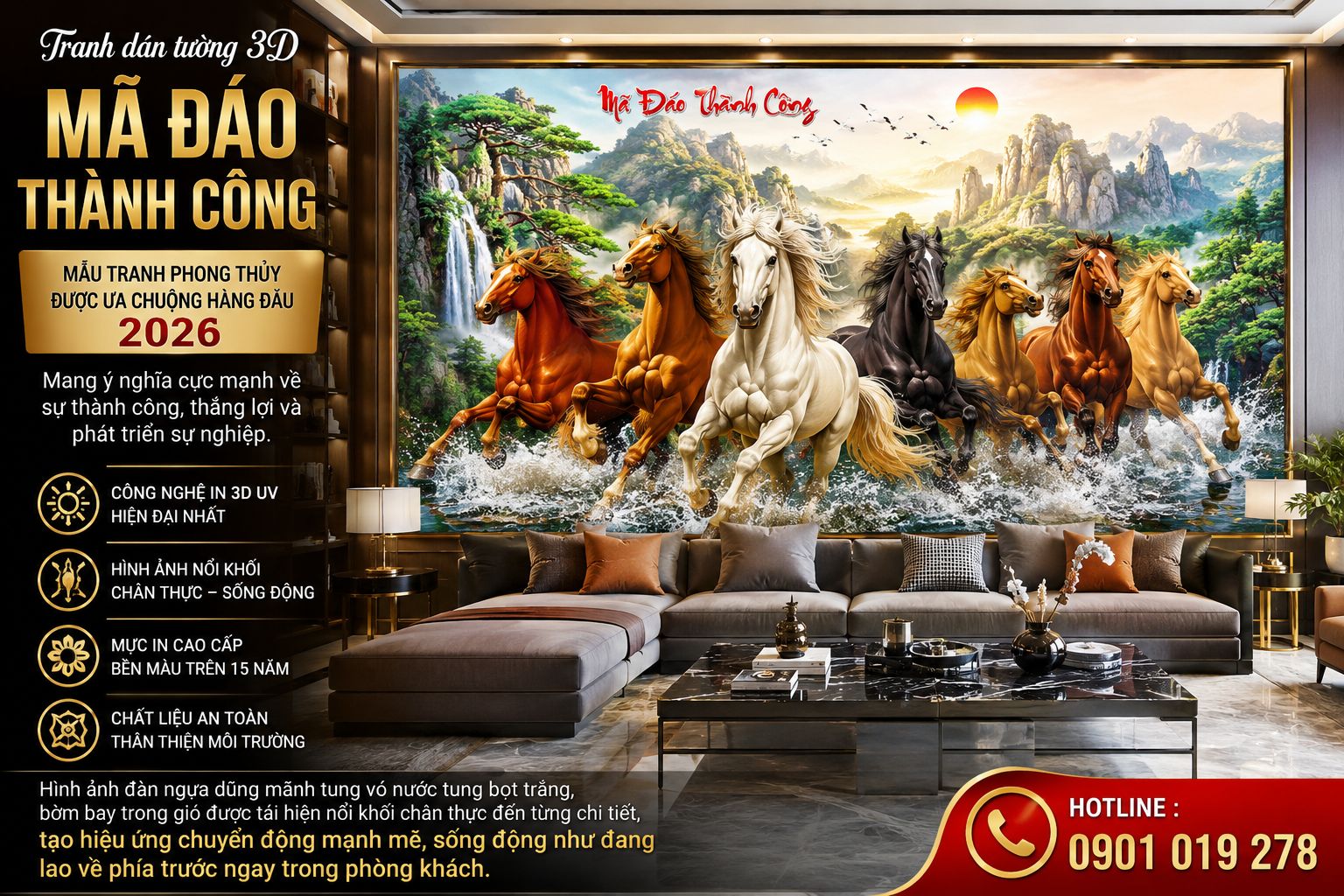 tranh dán tường mã đáo thành công cho phòng khách