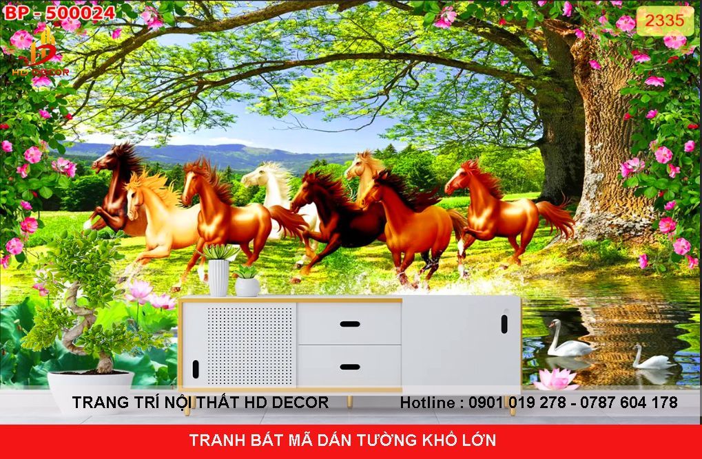 tranh dán tường 3D phòng khách mã đáo thành công