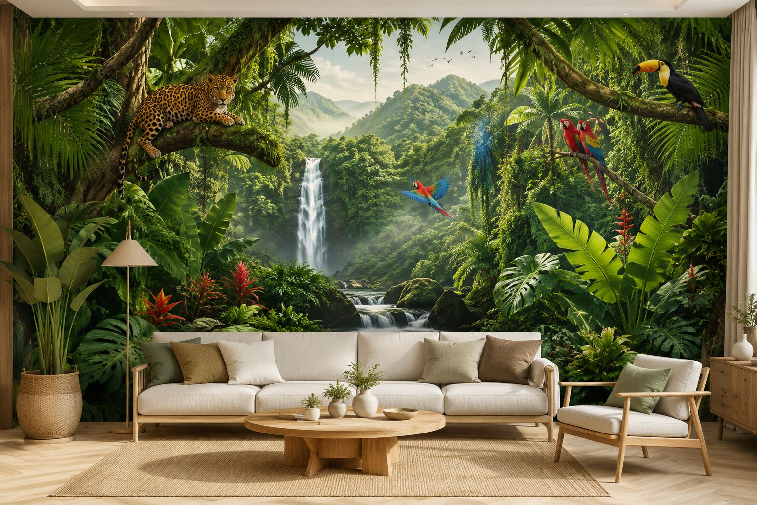 tranh dán tường phòng khách chủ đề rừng nhiệt đới 