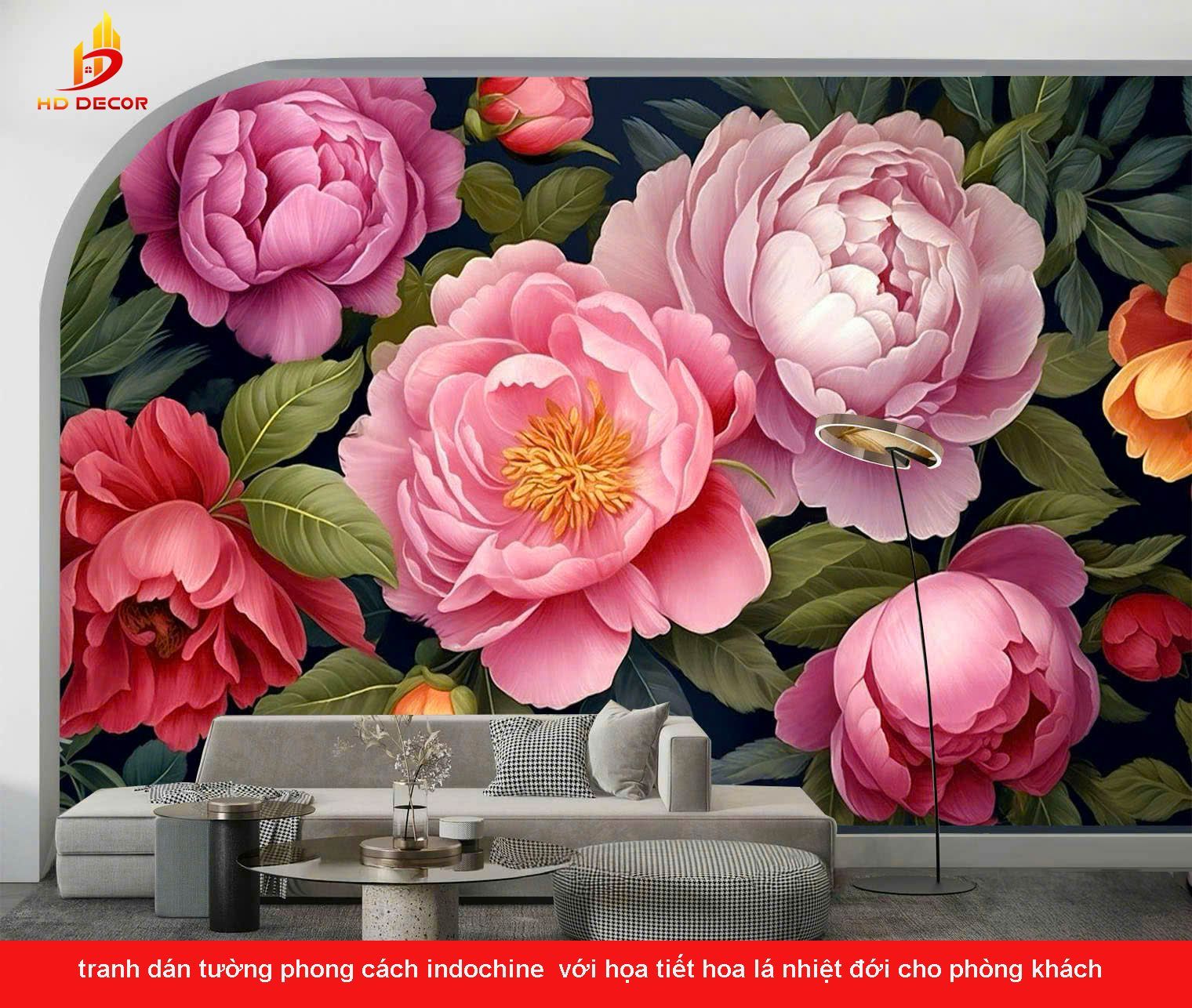 tranh dán tường indochine nhiệt đới phòng khách 