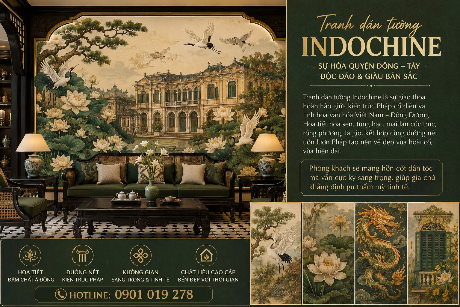 tranh dán tường phòng khách phong cách indochine 