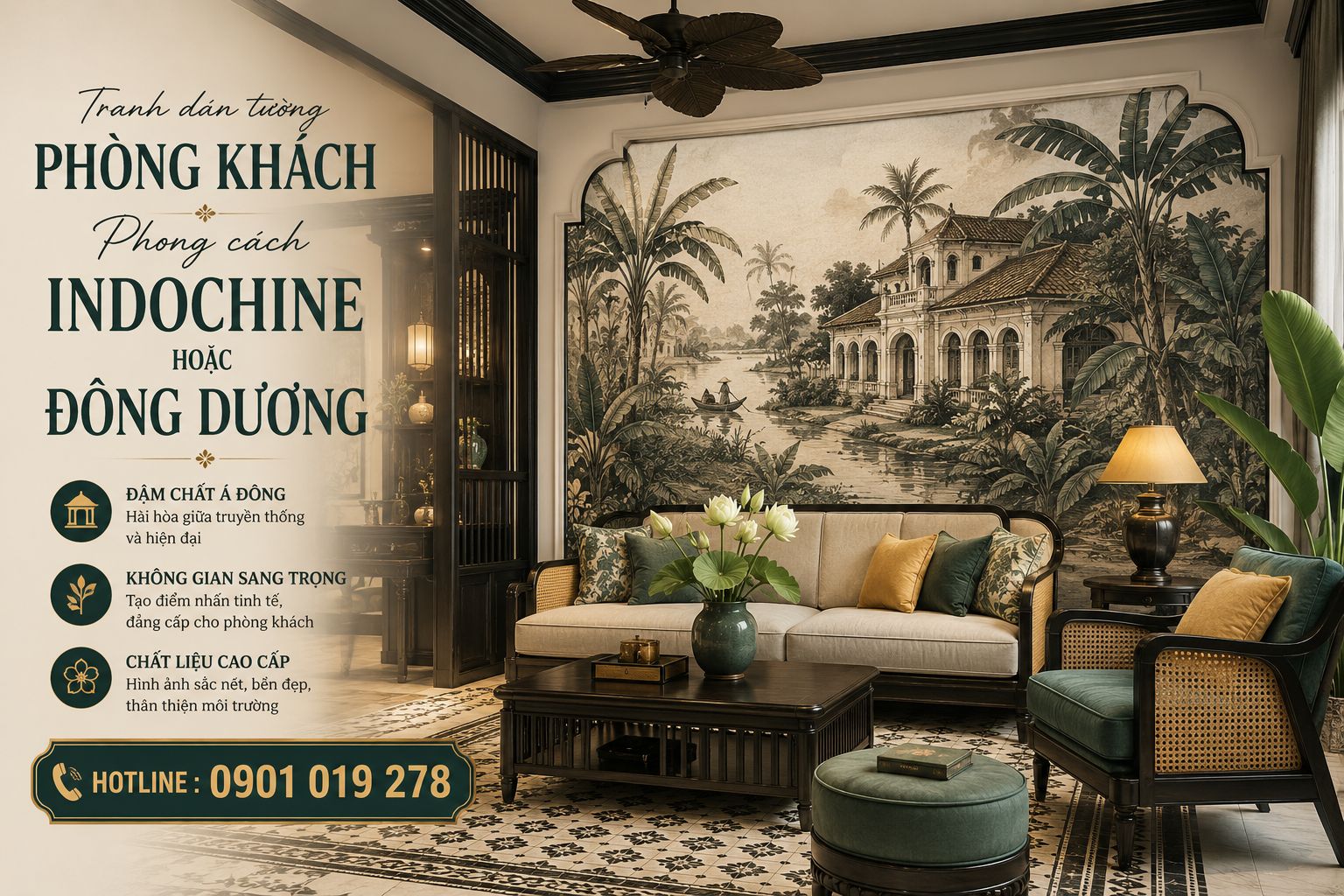 tranh dán tường phòng khách phong cách indochine
