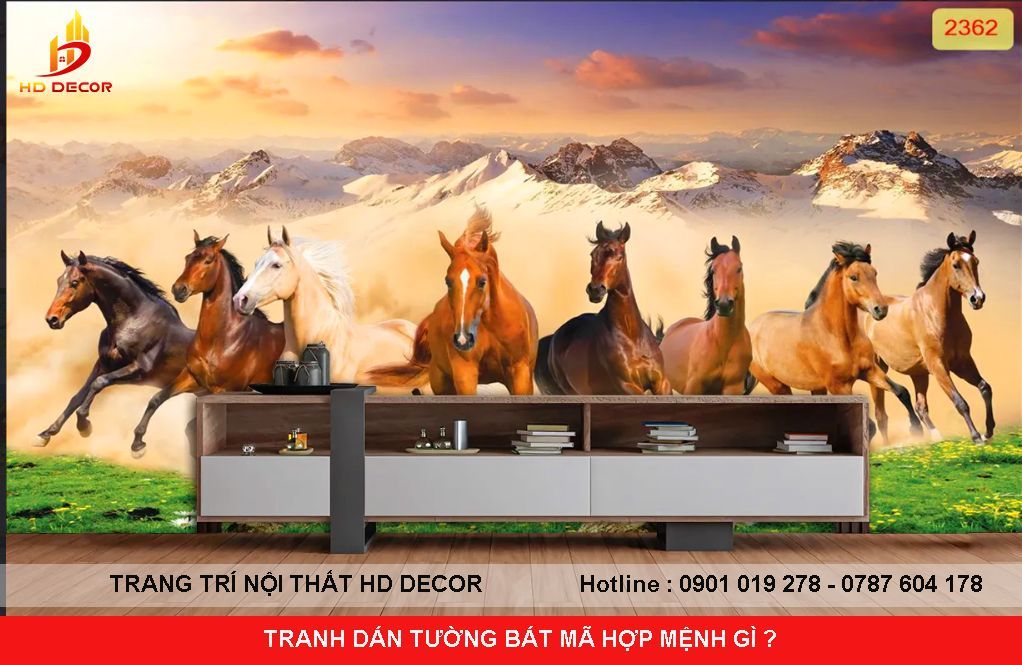 tranh dán tường mã đáo thành công phòng khách