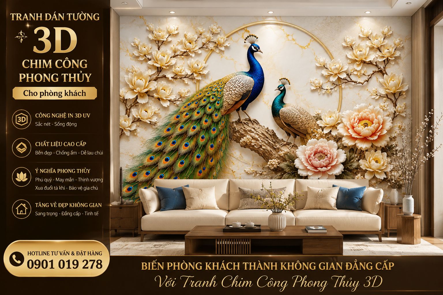tranh dán tường phòng khách chim công phong thủy 
