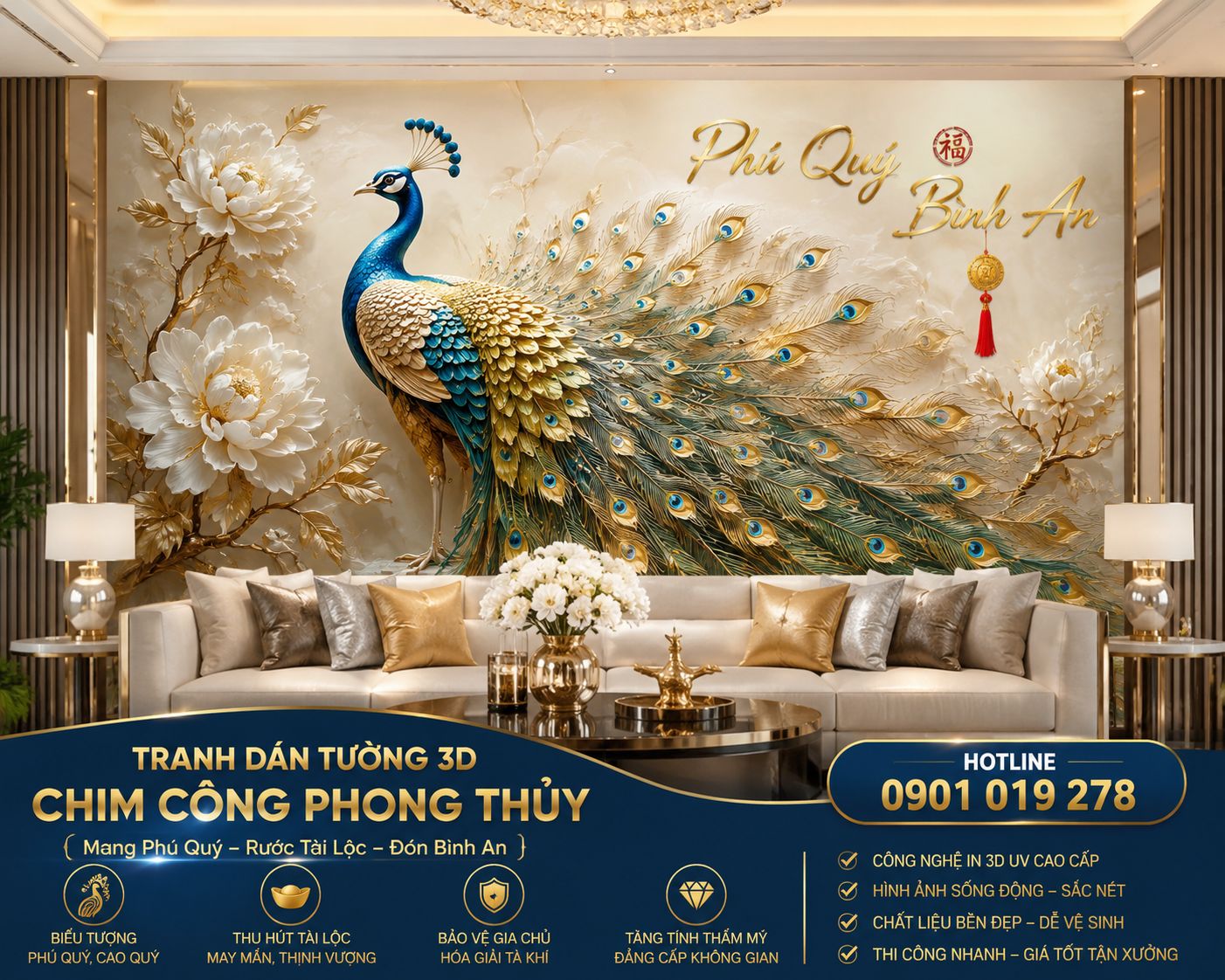 tranh dán tường phòng khách chim công phòng khách