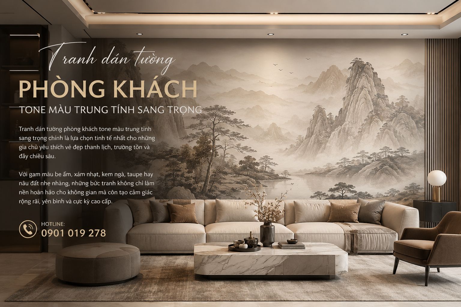 tranh dán tường phòng khách gam màu trung tính
