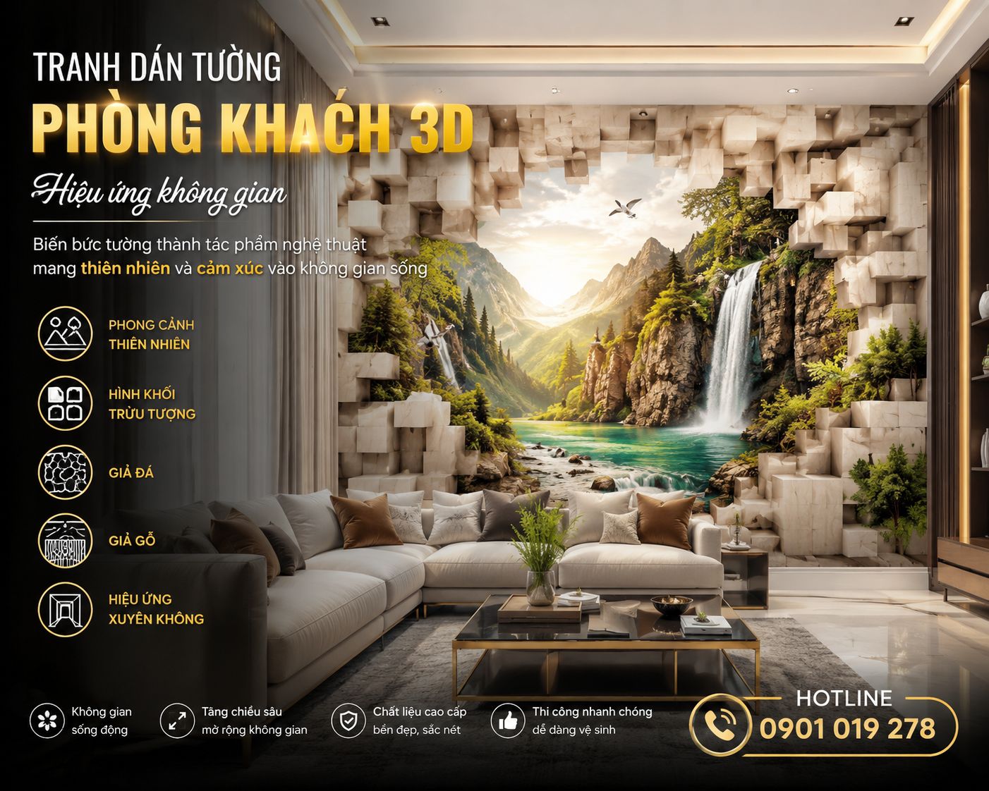 tranh dán tường phòng khách 3D hiệu ứng không gian