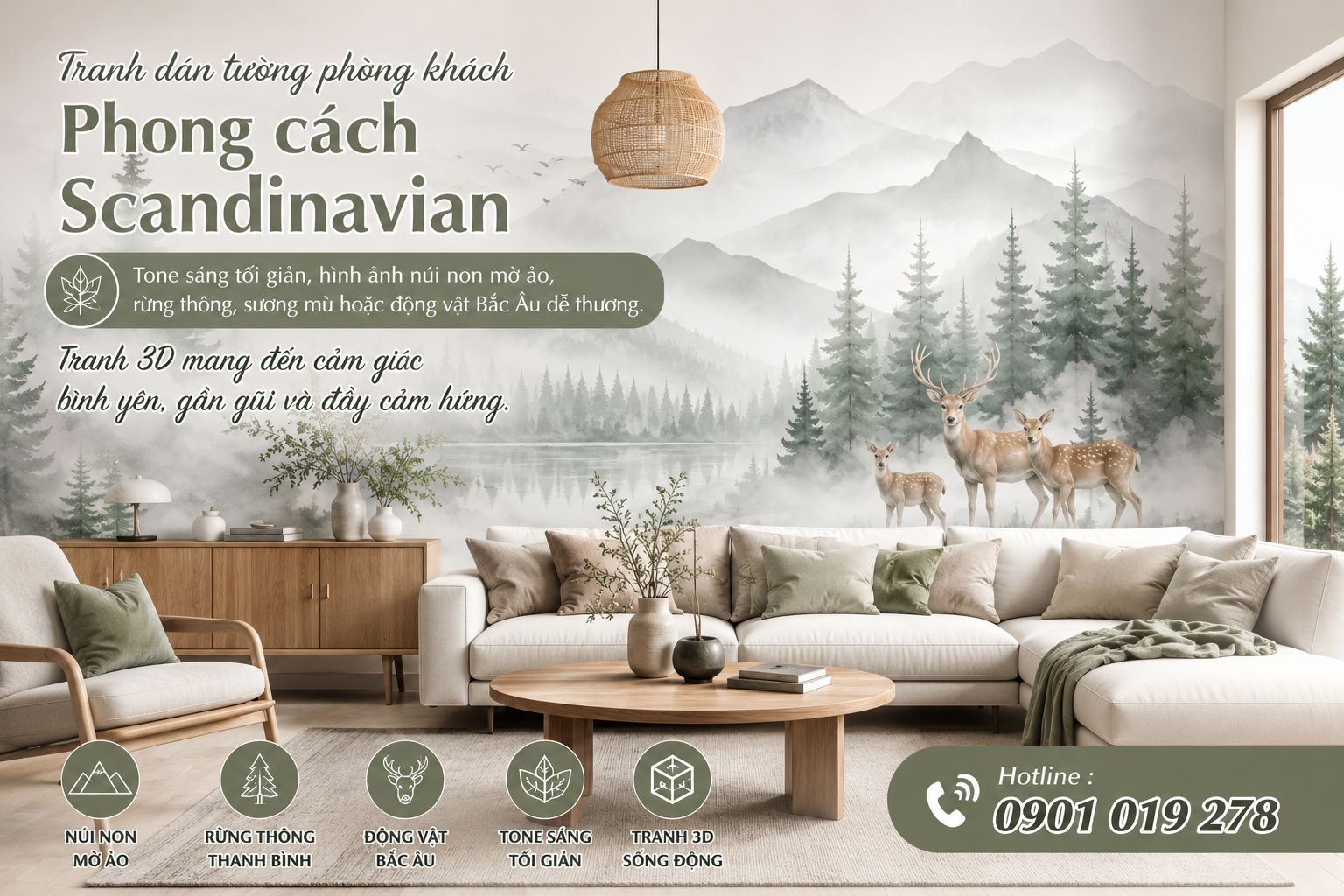 tranh dán tường phòng khách phong cách Scandinavian
