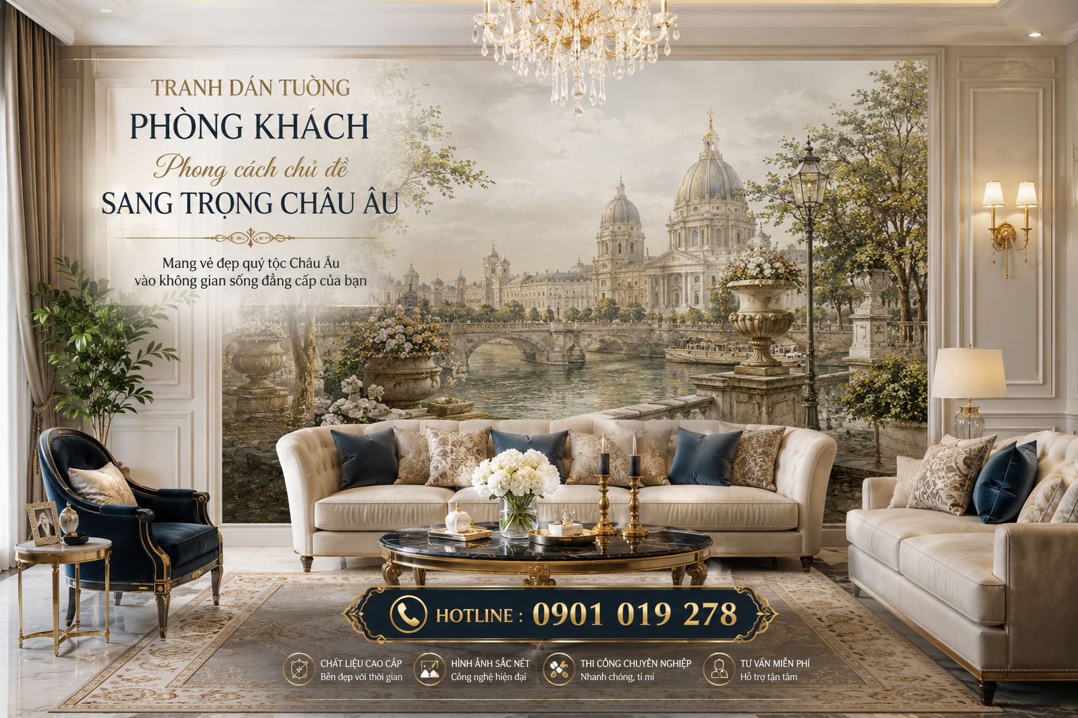 tranh dán tường phòng khách phong cách chủ đề sang trọng châu âu 