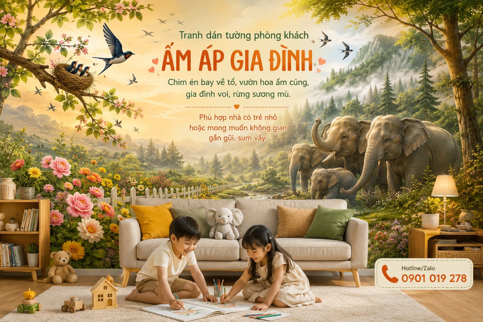 tranh dán tường phòng khách phong cách gia đình 