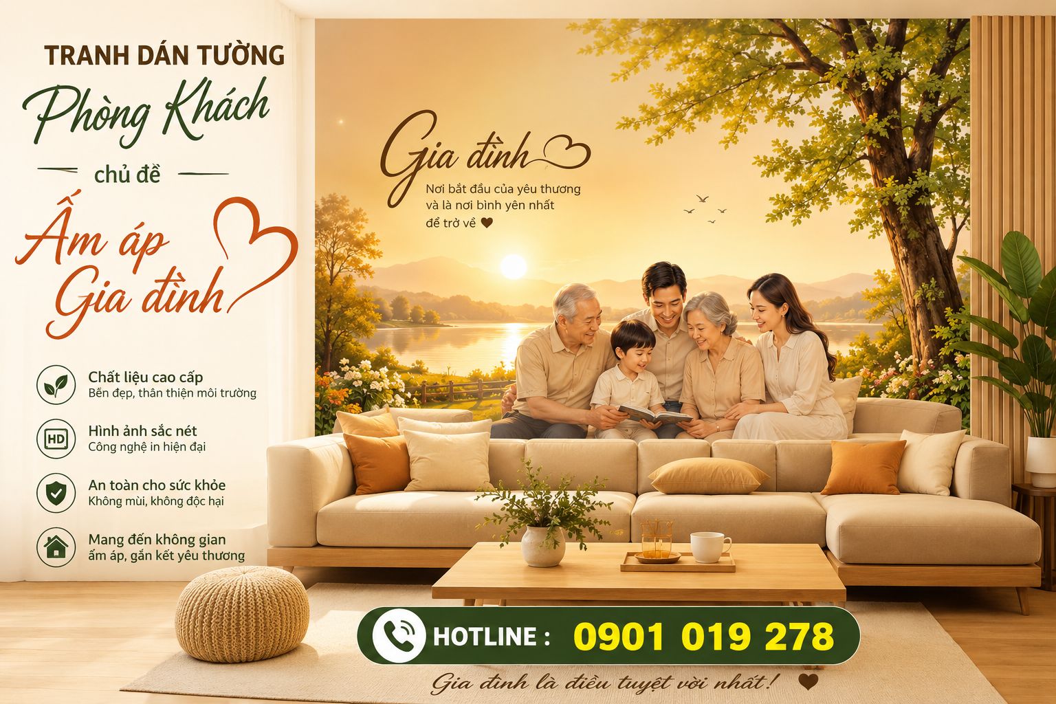 tranh dán tường phòng khách chủ đề ấm áp gia đình 