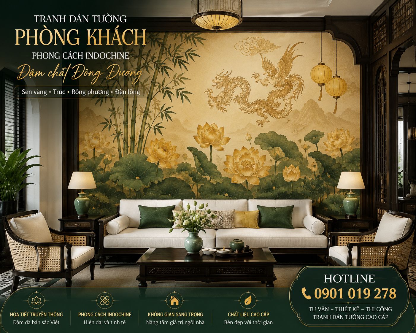 tranh dán tường phòng khách phong cách indochine 