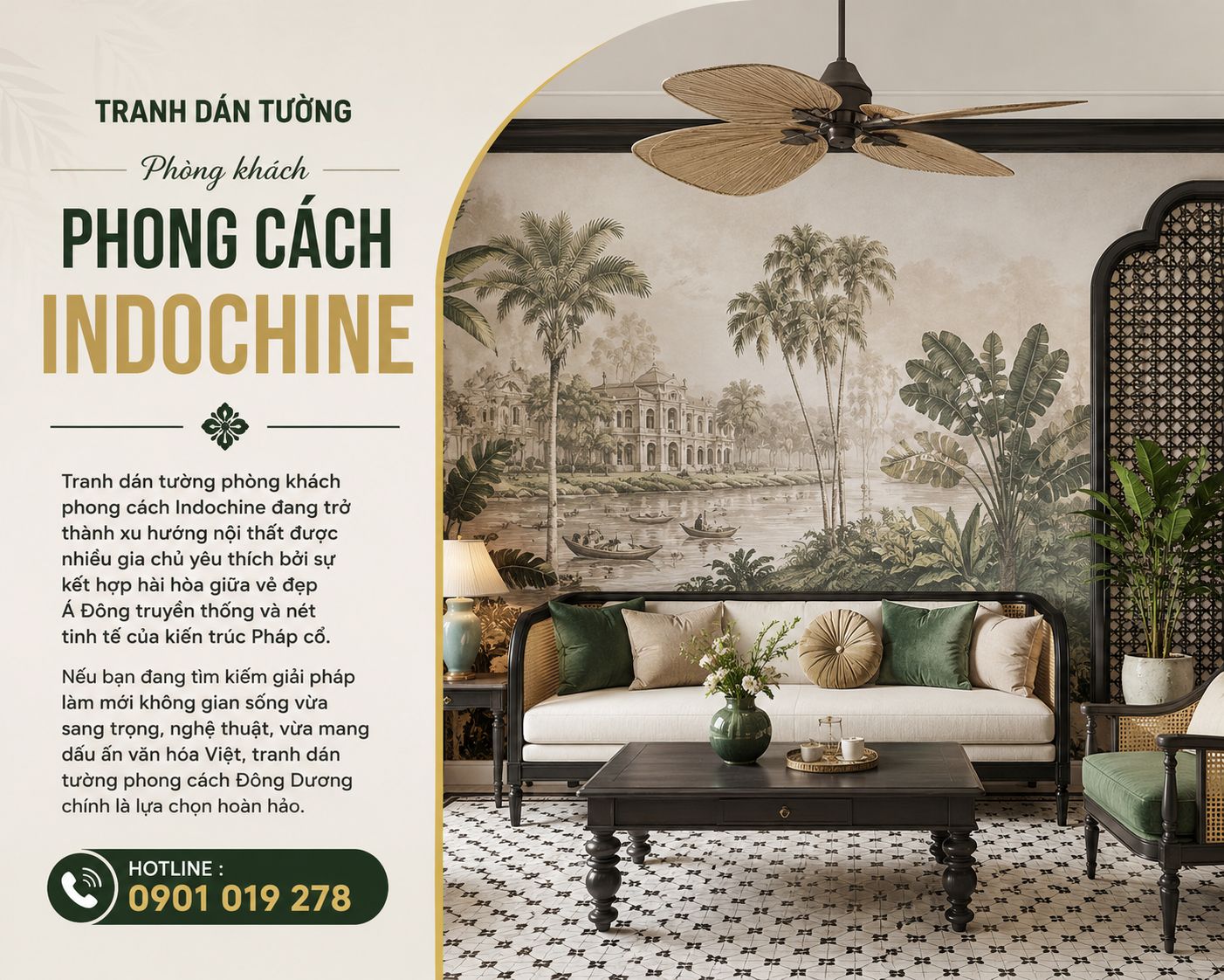 tranh dán tường phòng khách phong cách indochine 
