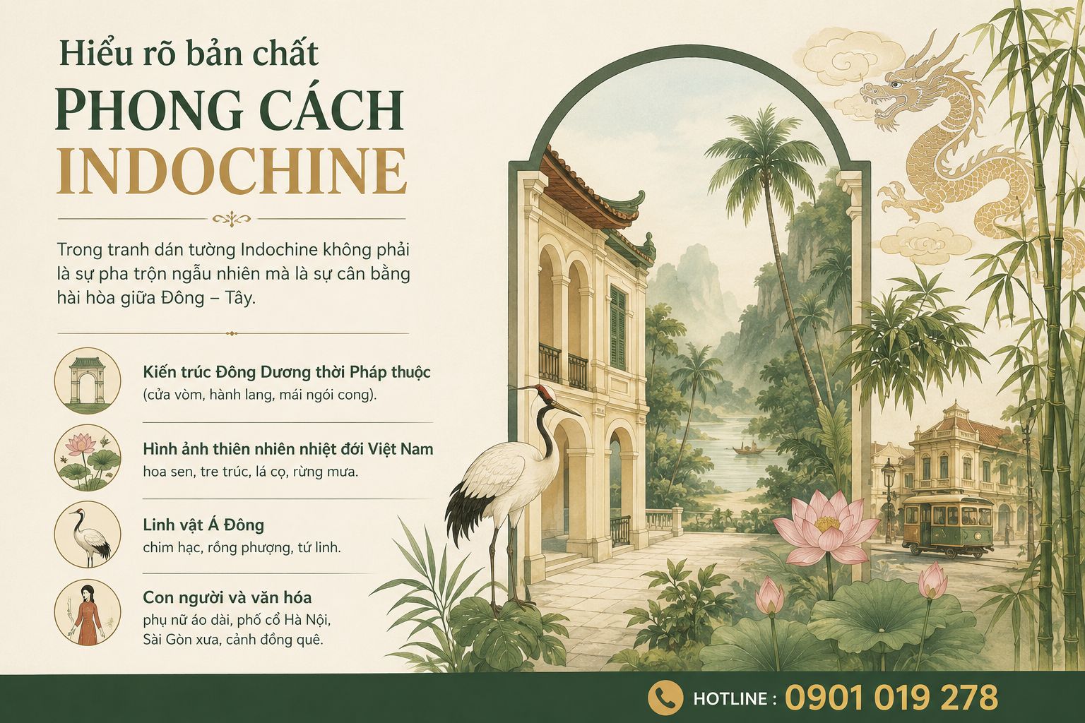 tranh dán tường phòng khách  phong cách indochine 