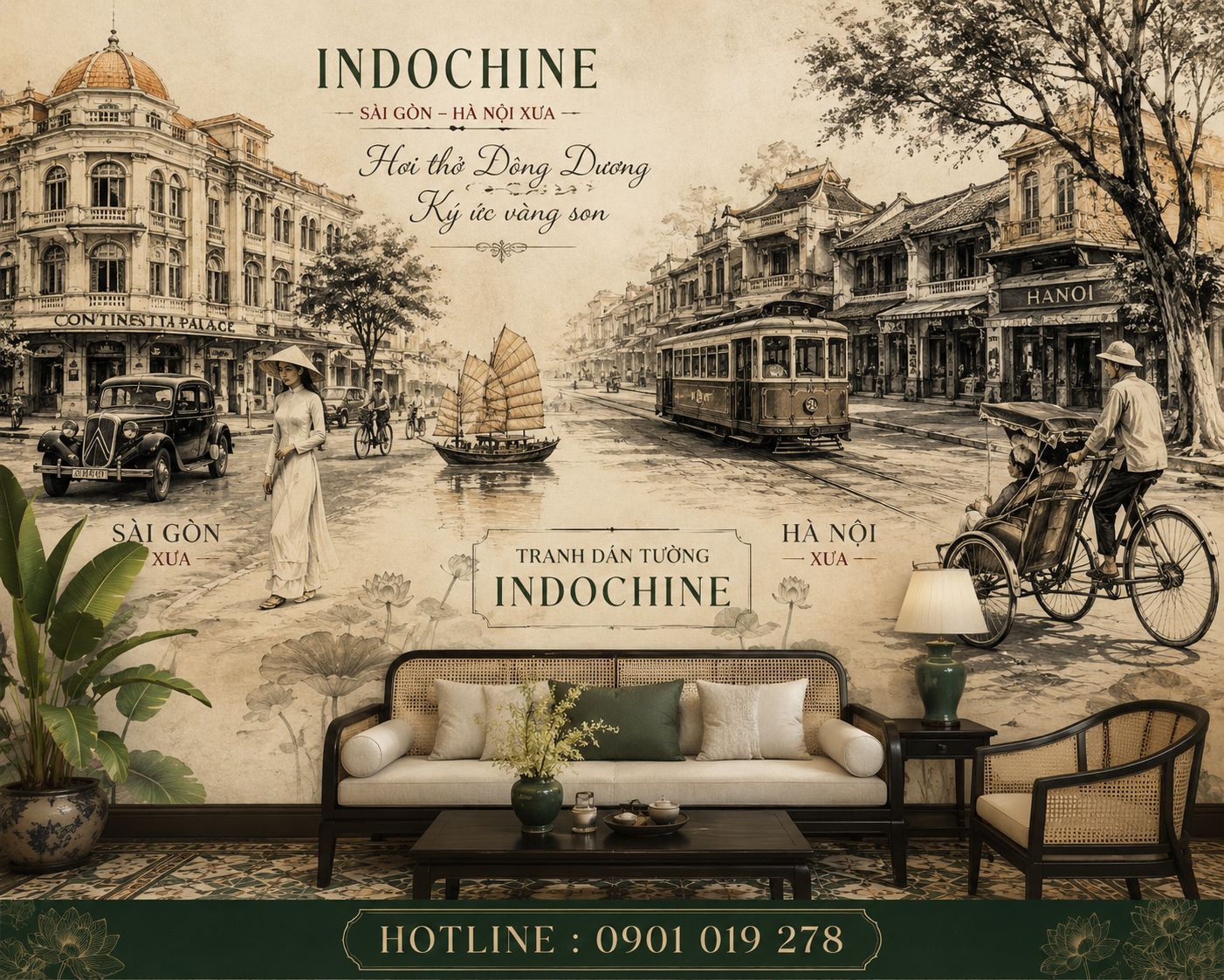 tranh dán tường phong cách indochine phòng khách 
