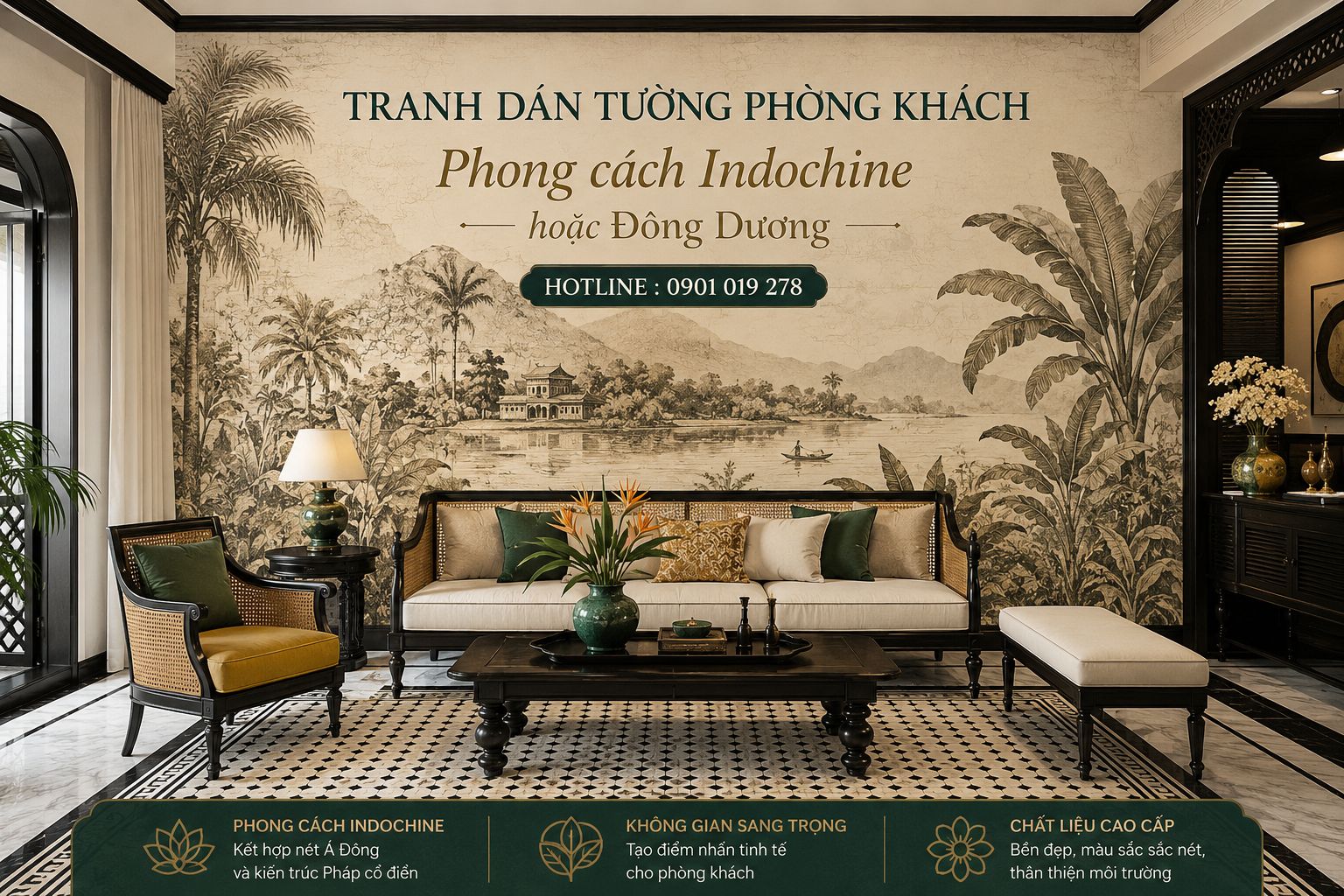 tranh dán tường phòng khách phong cách indochine 