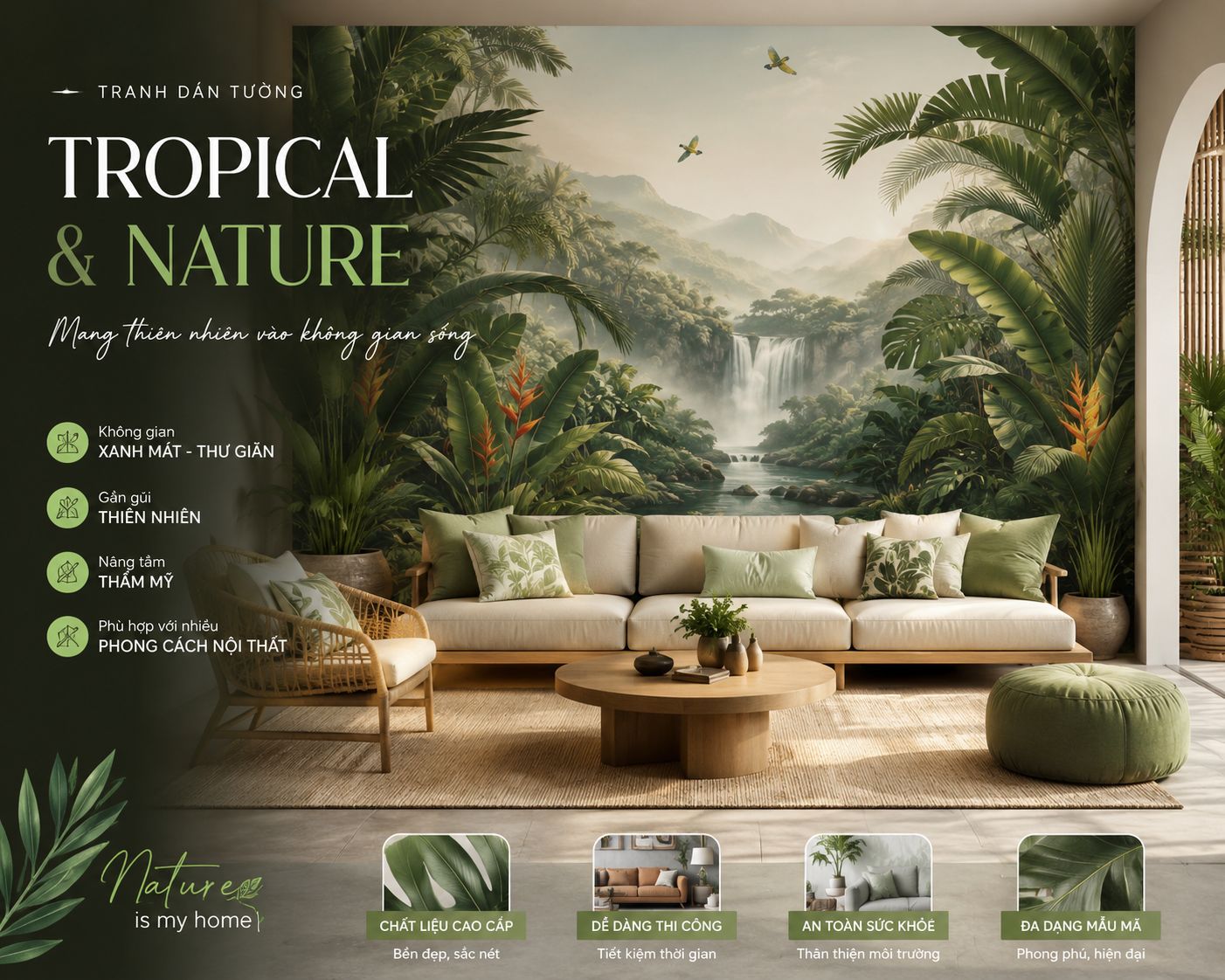 tranh dán tường phòng khách phong cách tropical