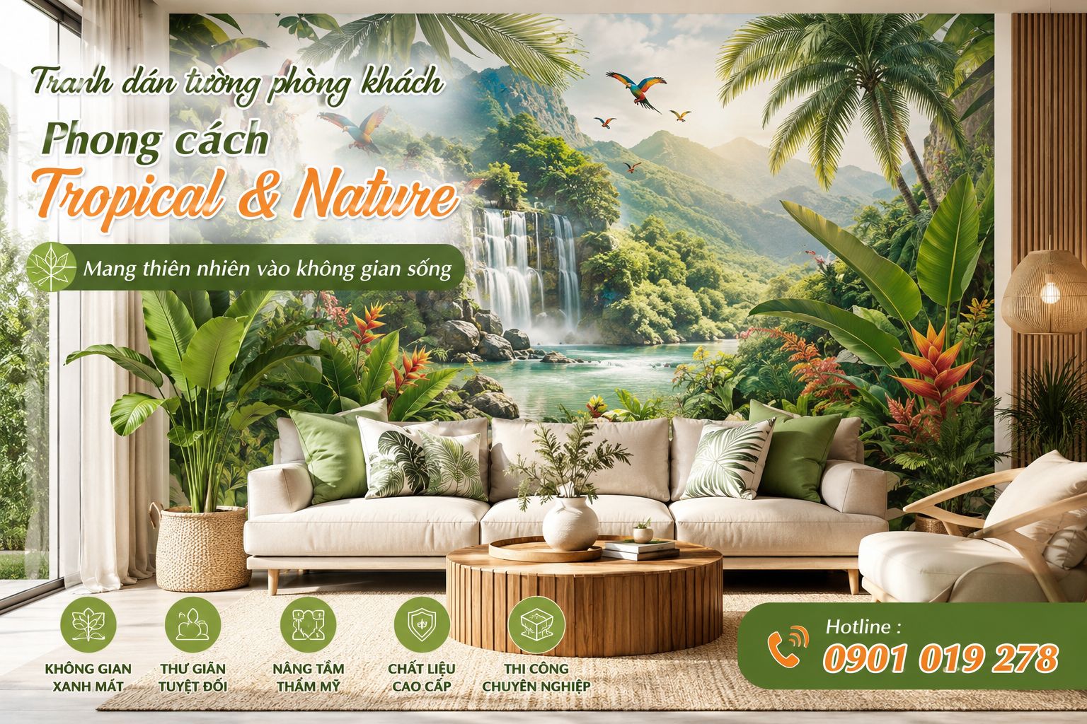 tranh dán tường phòng khách phong cách tropical & nature 