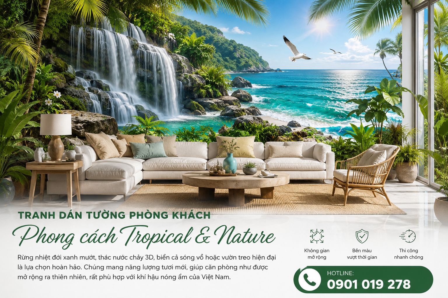tranh dán tường phòng khách phong khách tropical