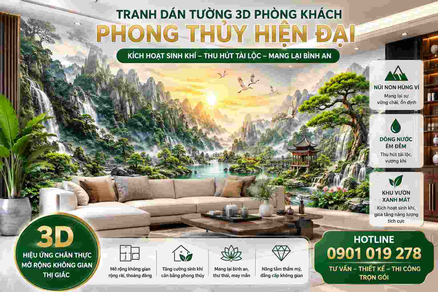 tranh dán tường phong thủy hiện đại cho phòng khách