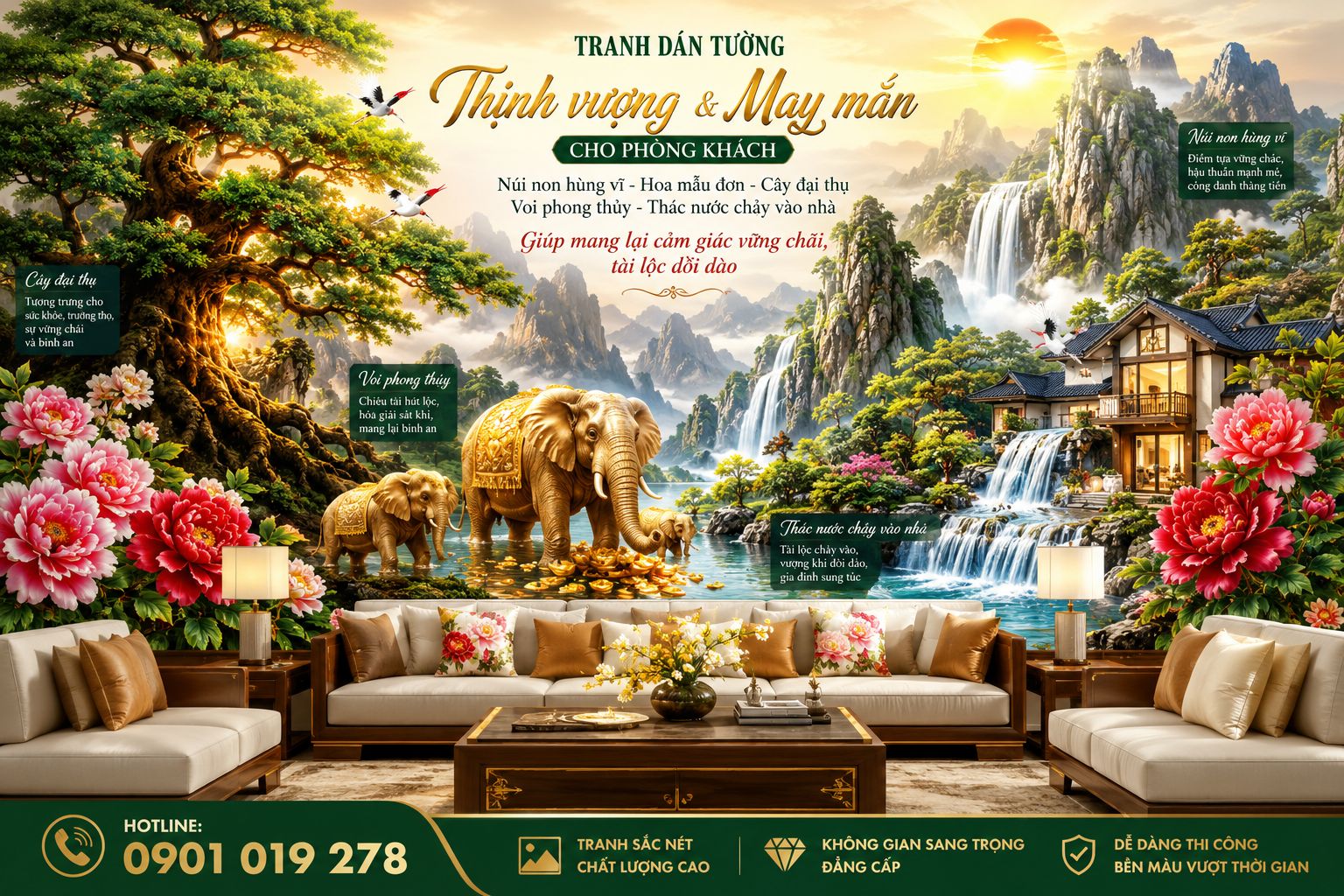 tranh dán tường phong thủy may mắn cho phòng khách 