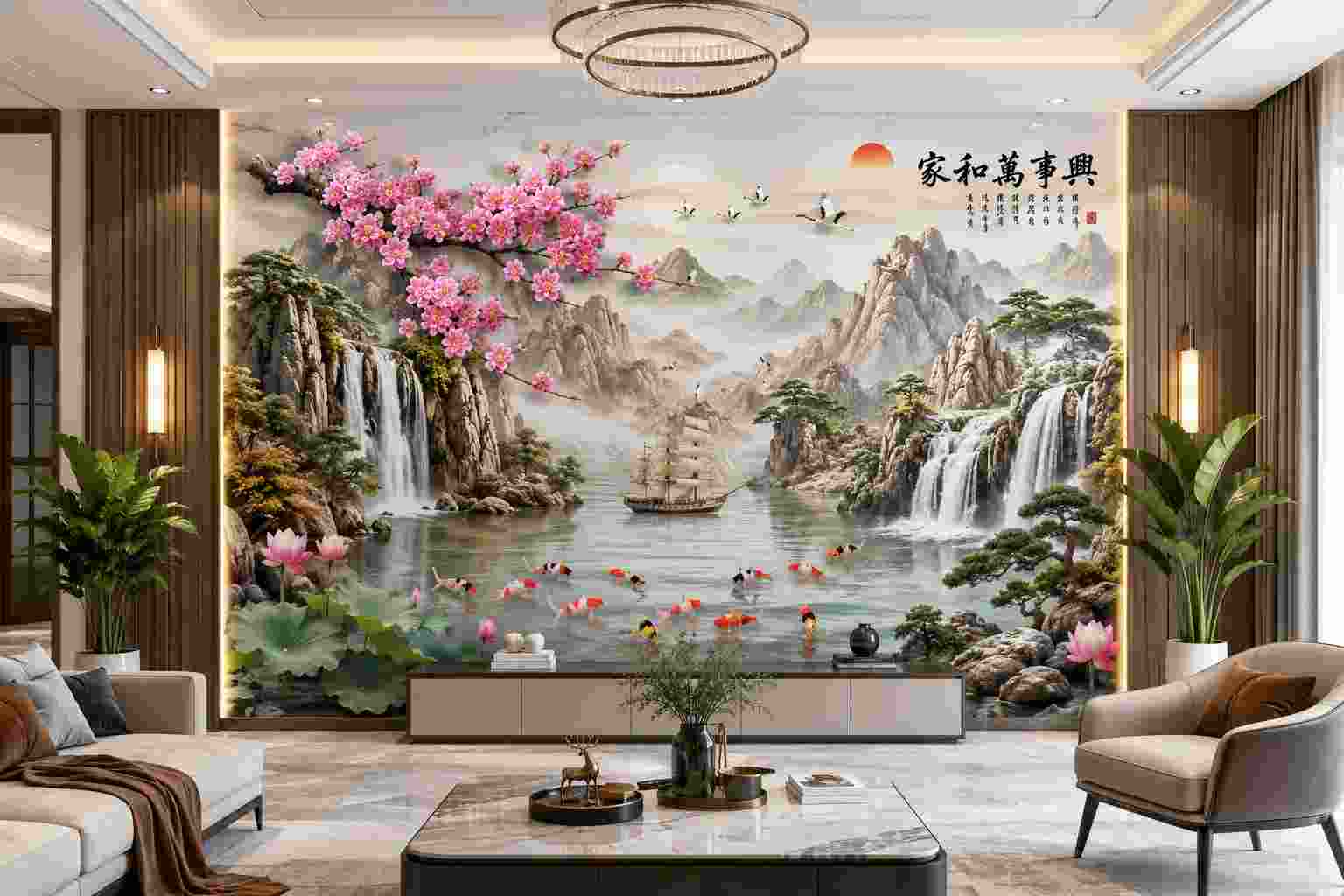 tranh dán tường phong thủy hiện đại cho phòng khách