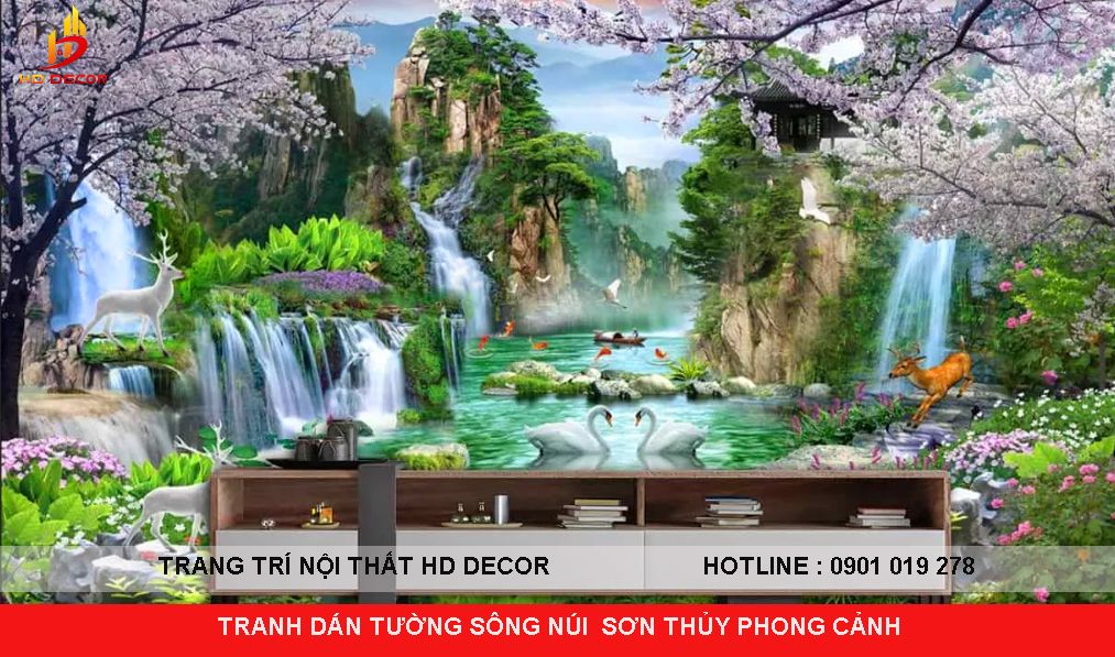 tranh dán tường 3D sơn thủy phòng thủy