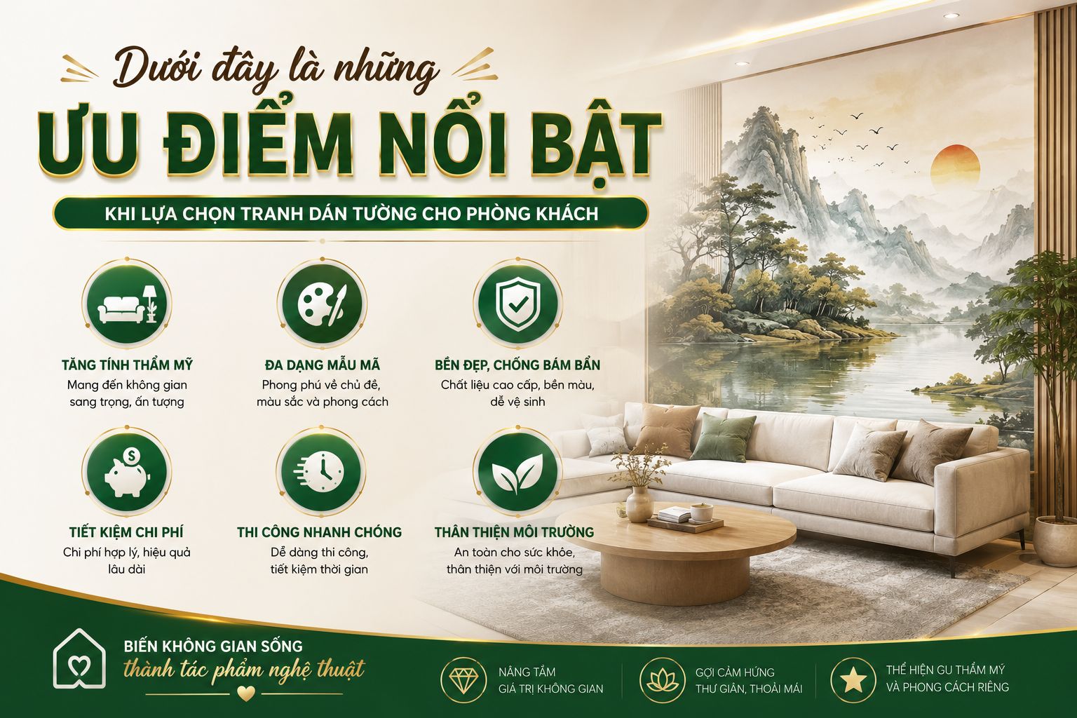 ưu điểm nổj bật của tranh dán tường 3D cho phòng khách 