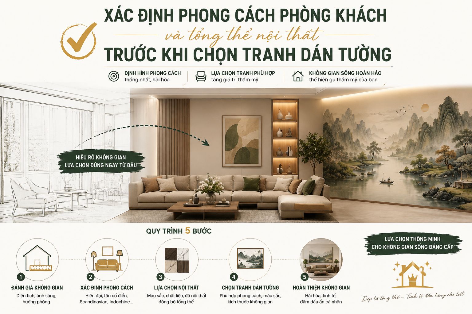 xác định phong cách phòng khách trước khi dán tranh dán tường 