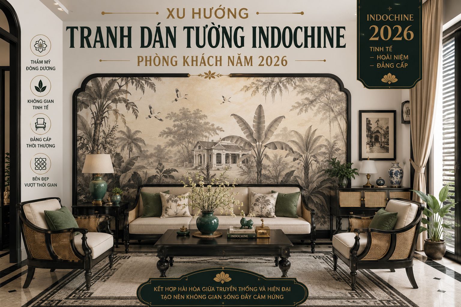 xu hướng tranh dán tường indochine cho phòng khách năm 2026 